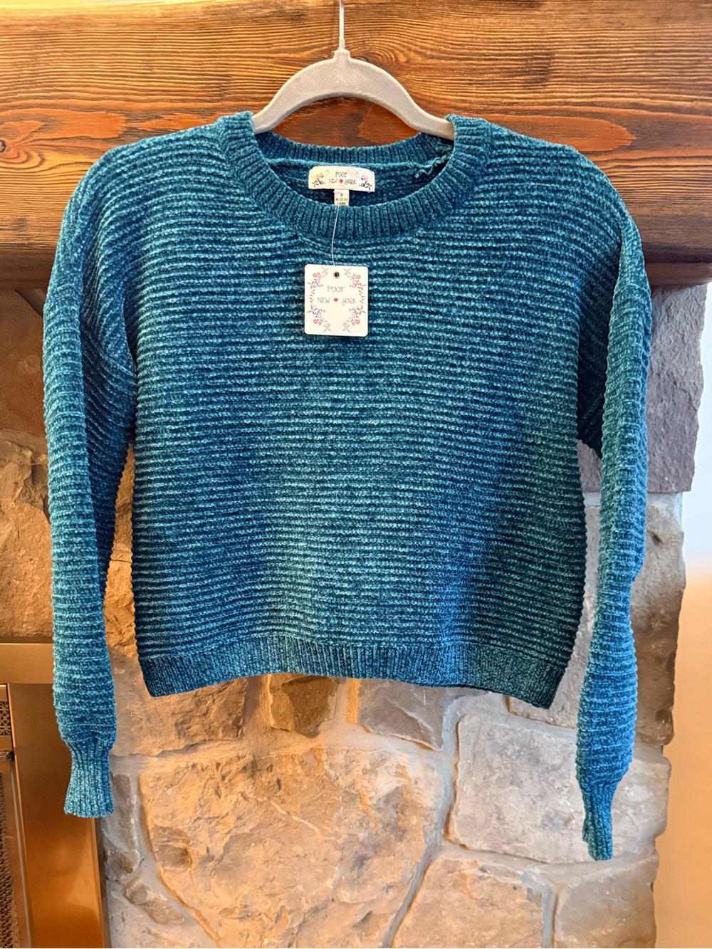 New- Poof New York Chenille Cropped Balloon Sleeve Rib Knit Pullover Sweater
